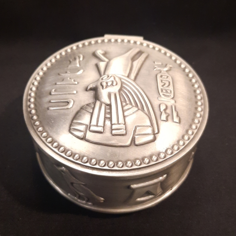Egyptian Themed Pewter Trinket Box ~ Hinged Velvet Lined